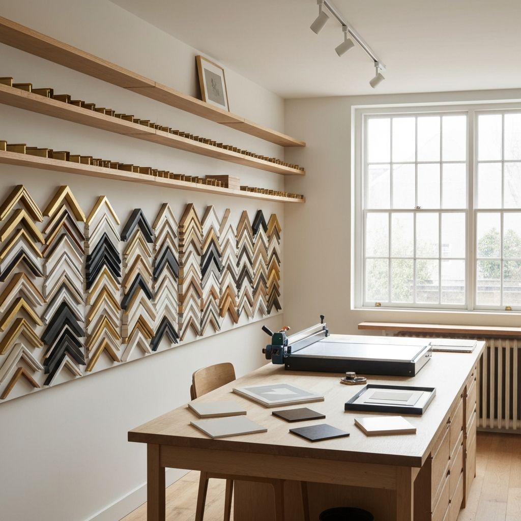 Moderne Rahmengestaltungs-Werkstatt mit professionellem Equipment und Materialsammlungen