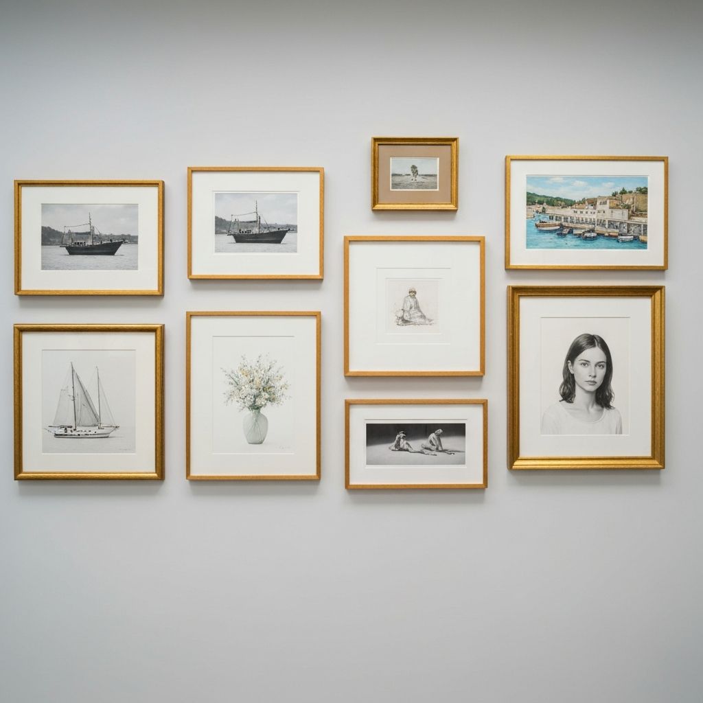 Symmetrische Anordnung mehrerer Rahmen an Galeriewand